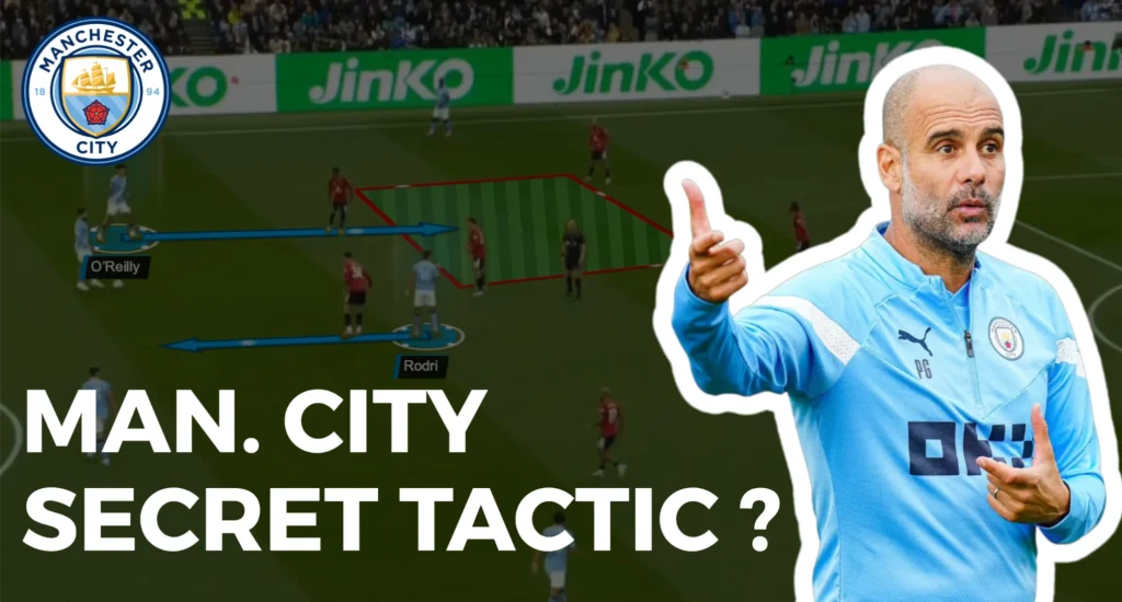 A thumbnail featuring a photo of Manchester City manager Pep Guardiola giving a thumbs-up, superimposed over a tactical diagram of the team's midfield. The image includes the Manchester City logo and the text "MAN. CITY SECRET TACTIC ?". It highlights players like Rodri and O'Reilly and shows their movement on the field.