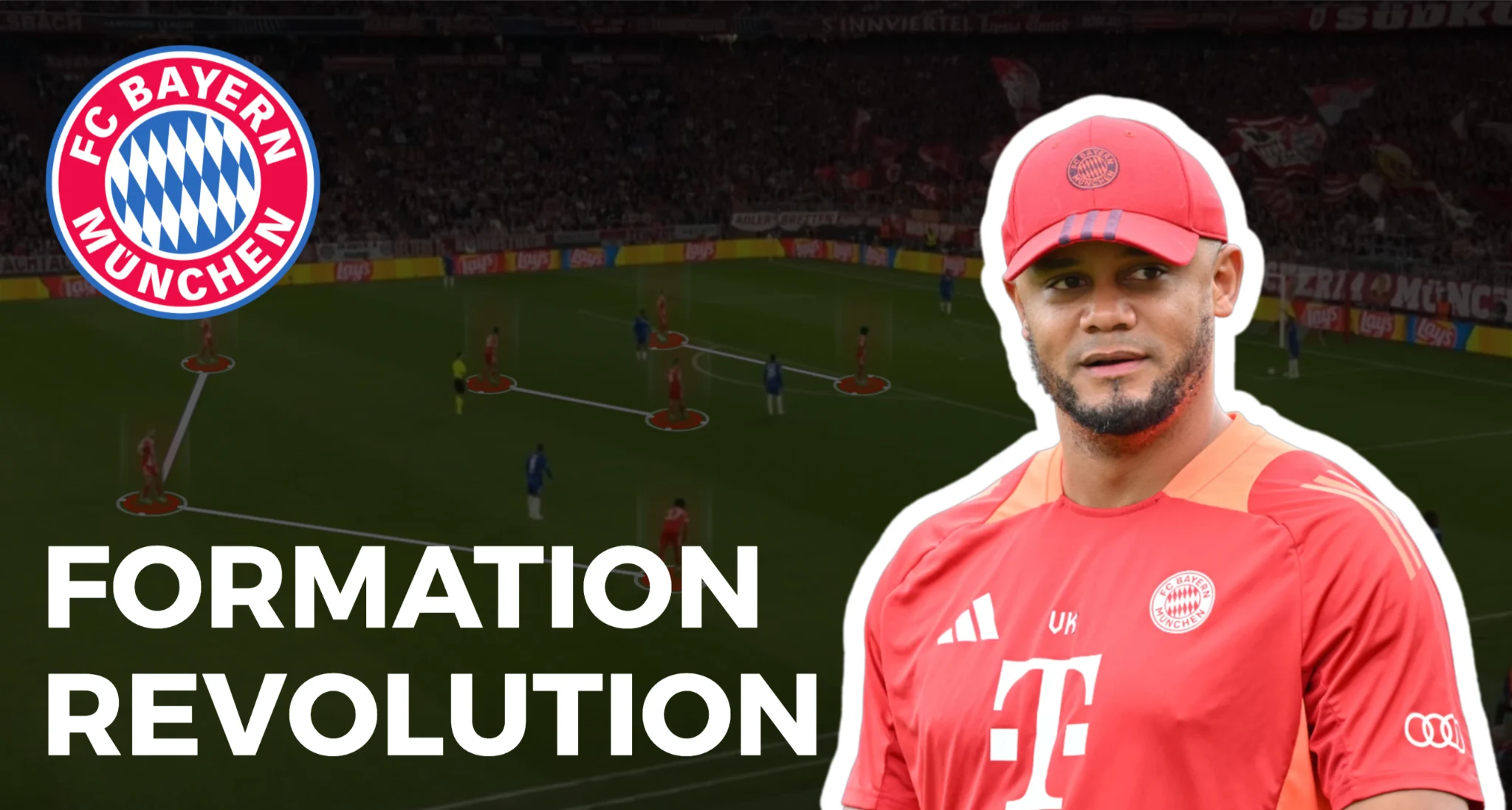 Image featuring coach Vincent Kompany in a Bayern Munich shirt, overlaid with a tactical formation diagram and the text 'FORMATION REVOLUTION' and the FC Bayern logo