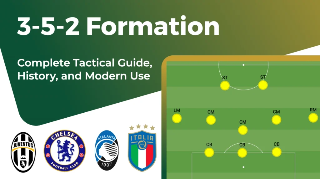 Graphic about the 3-5-2 football formation, showing player positions (ST, LM, CM, RM, CB) on a pitch outline, with the text '3-5-2 Formation: Complete Tactical Guide, History, and Modern Use' and logos for Juventus, Chelsea, Atalanta, and the Italian national team.